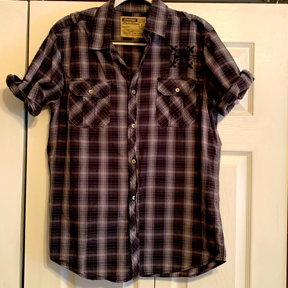 MACHINE brand short sleeve button down collared shirt, size large, EUC